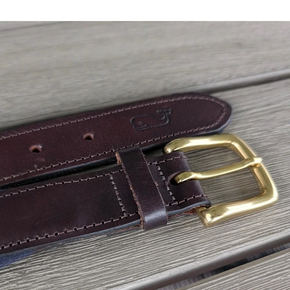 Vineyard Vines Mens Gingham Canvas Club Belt Brown Leather Brass Buckle Size 38